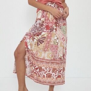 ANTHROPOLOGIE | Boho Floral Smocked Patchwork Slit Side Flowy Maxi Skirt, XS
